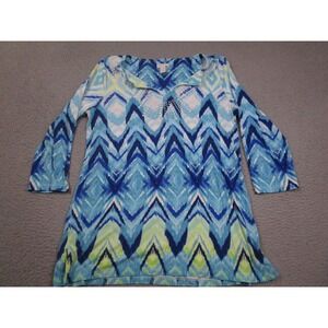 Chicos Top Womens 1 Medium Blue V Neck Long Sleeve‎ Tunic Preppy
